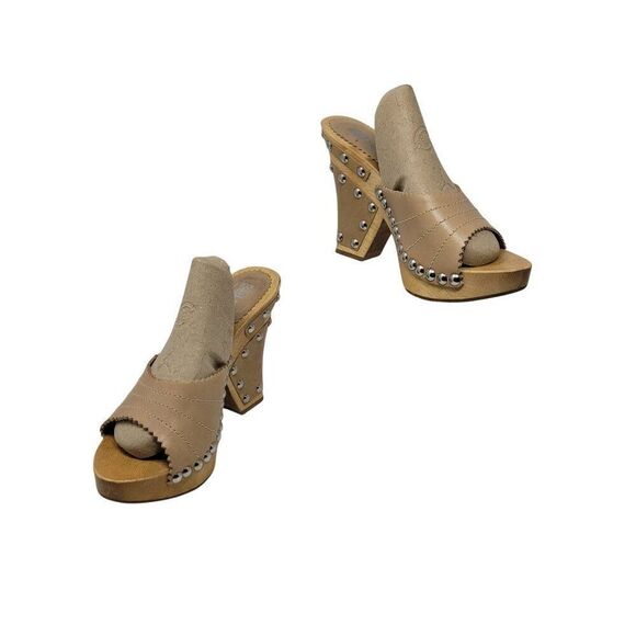 Vintage Tan Leather Wooden Platform Sandals Sz 7 Studded Open Toe Heel Brazil - Picture 16 of 16